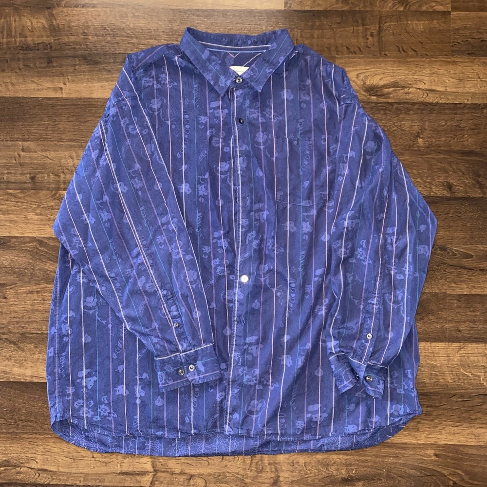 3XB Tommy Bahama‎ Long Sleeve Shirt Blue Striped Rare Design Silk Cotton Blend